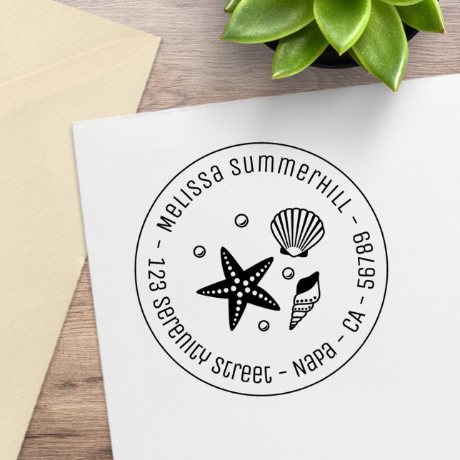 Nautisk havsbotten Starfish Pearls Round Adress Stämpel (Skapare uppladdad)