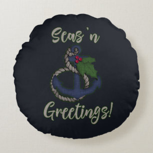 Nautisk jul   Anchor och Holly Rund Kudde