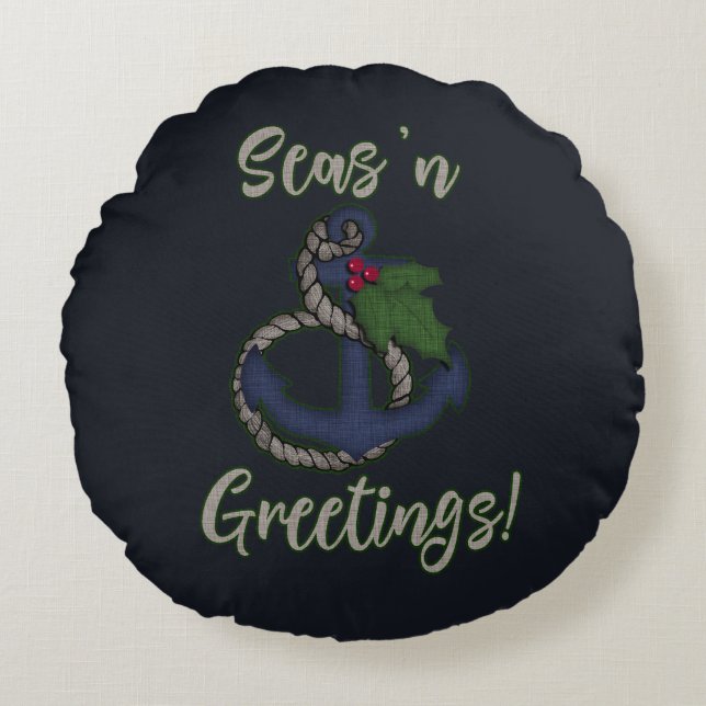 Nautisk jul | Anchor och Holly Rund Kudde (Framsidan)