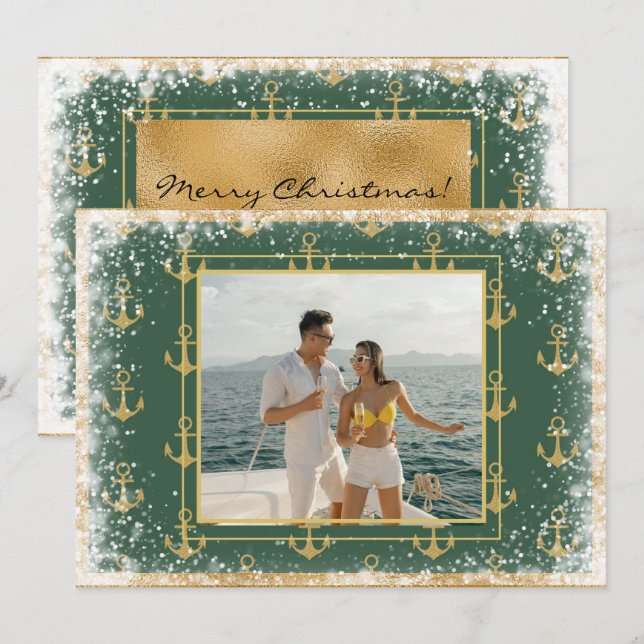 Nautisk julkort med grön julbakgrund (Fram/baksida)