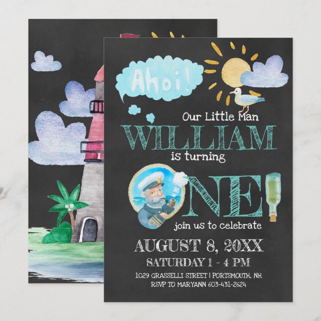 Nautisk kapten First Födelsedagsfest inbjudan (Fram/baksida)