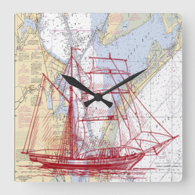 Nautisk Karta i Galveston Bay Clock Fyrkantig Klocka (Framsida)