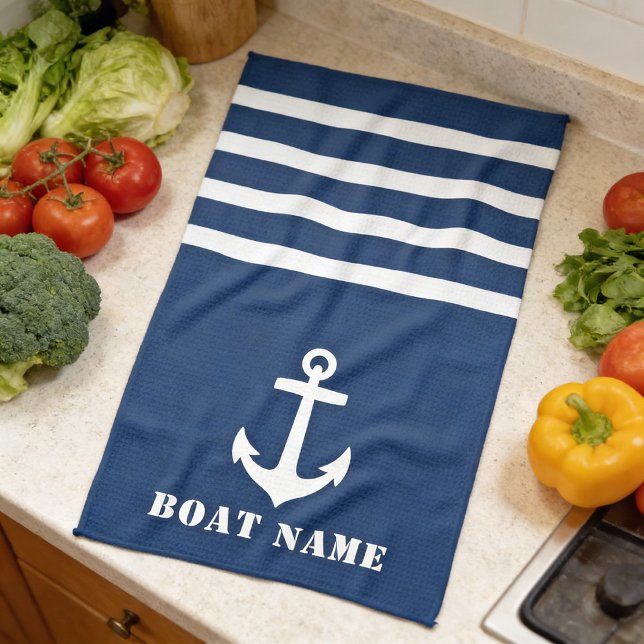 Nautisk Klassisk Ankar Din Båt Namn Marinblå Kökshandduk (Skapare uppladdad)