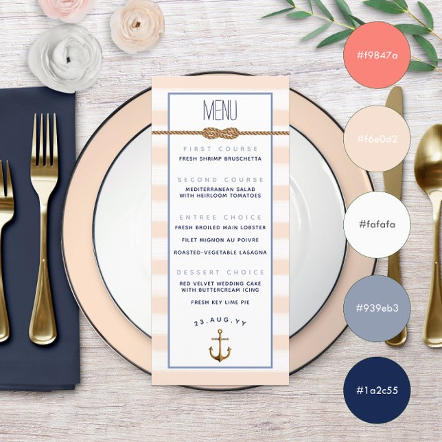 Nautisk Knut Formell Händelse Korall & Vita Ränder Meny (Infinity Knot Event Coral & White ⚓ Nautical Menu | Pastel Coral + Muted Blues with Color Swatches
)