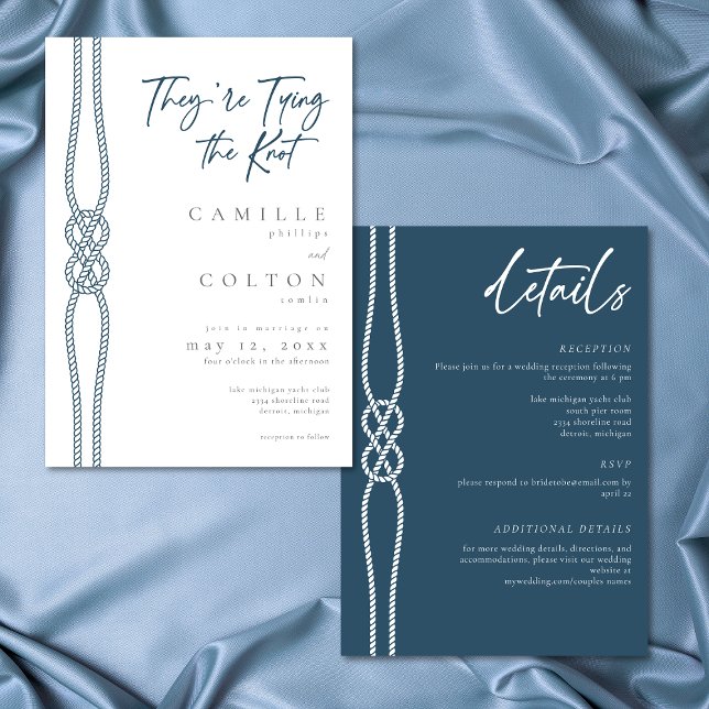 Nautisk Knut Knut Knuten Tvåsidig Bröllop Inbjudningar (Nautical Knot Tying Knot Coastal Two Sided Wedding Invitation)