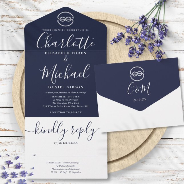 Nautisk Knut Navyblå Och Vit Skrift Bröllop (Nautical Knot Navy Blue And White Script Wedding All In One Invitation)