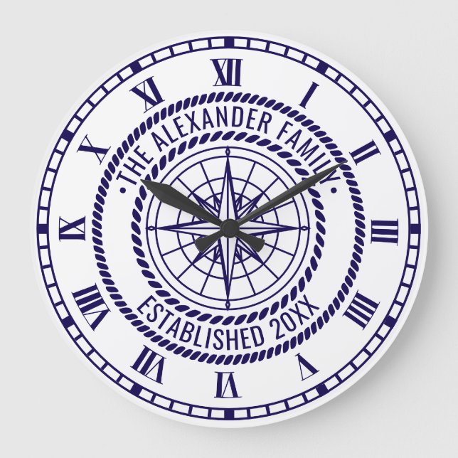 Nautisk kompass #3-familjens Namn-datumformat Stor Klocka (Framsida)