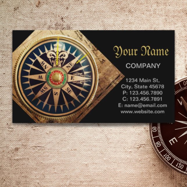 Nautisk kompass vid kuststranden visitkort (coastal beach nautical antique compass business card)