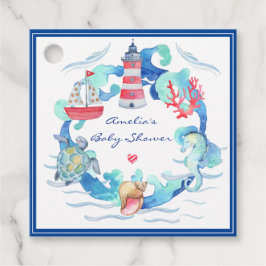 Nautisk könsmässig neutral vattenfärgsbabyskor gåvor etiketter