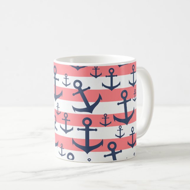 Nautisk korall rand marinblåankare mönster kaffemugg (Framsida höger)