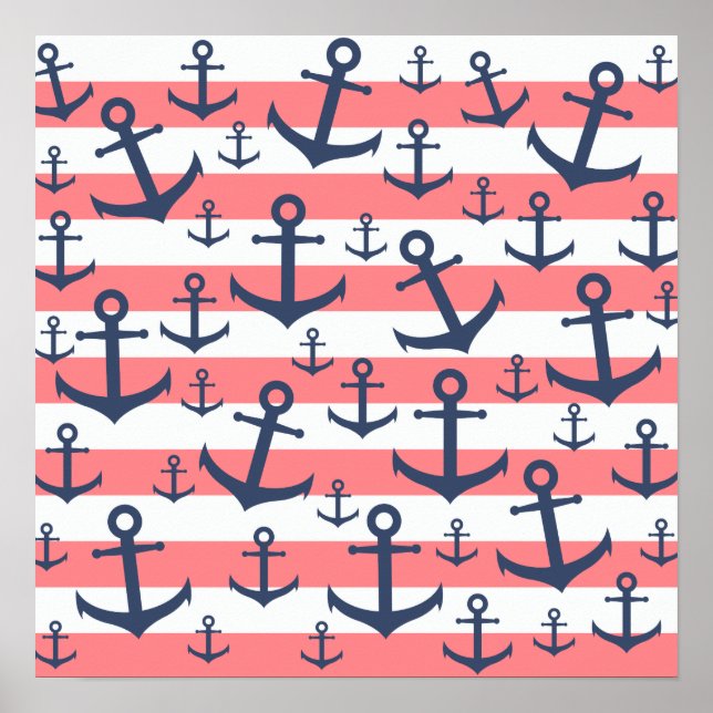 Nautisk korall rand marinblåankare mönster poster (Framsidan)