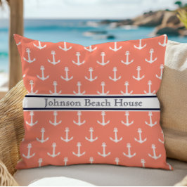 Nautisk korallblå vit ankar mönster namn kudde