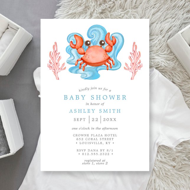 Nautisk Krabba Hav Aquarell Baby Shower Inbjudningar (Skapare uppladdad)