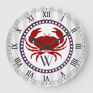 Nautisk krabba och grått rand monogram stor klocka