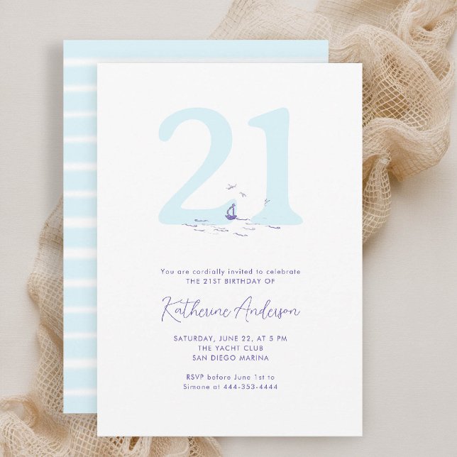 Nautisk kustbåt, modern 21:a födelsedag inbjudningar (21st birthday invitation coastal nautical boat birds yacht beach waterfront ocean marina modern)