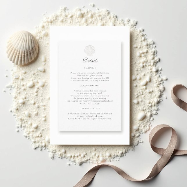 Nautisk kustnära Snäcka Formell Bröllop-informatio Tilläggskort (nautical wedding reception details coastal modern classic formal traditional elegant shell)