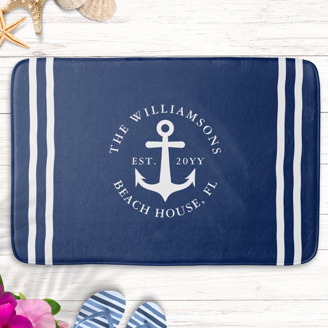 Nautisk lätt marinblå vit ankare monogrammad badrumsmatta (Skapare uppladdad)