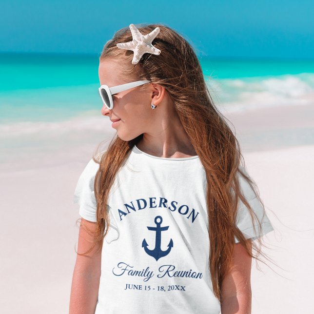 Nautisk marin blå Anchor Family Reunion Girl's T Shirt (Customize to change text size. Choose from a variety of shirt colors and styles.)