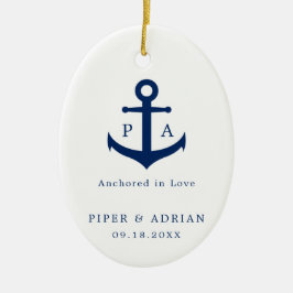 Nautisk marin blå ankare, Monogram Bröllop Julgransprydnad Keramik