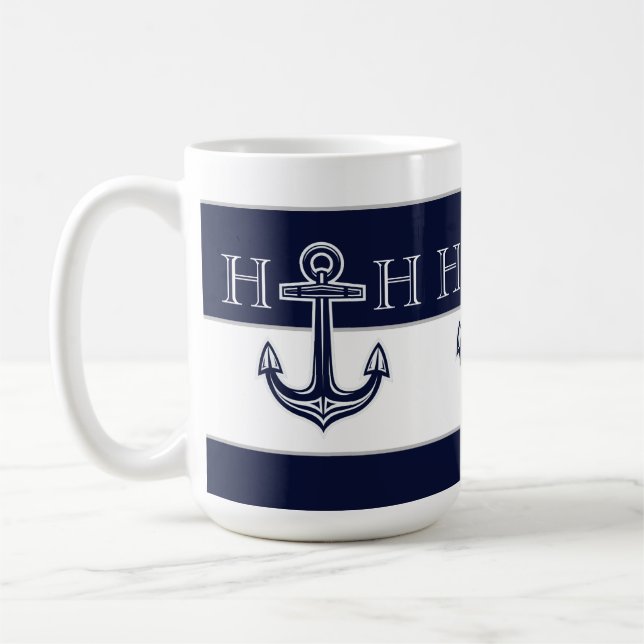 Nautisk marin blå ankarkolsmonogram kaffemugg (Vänster)