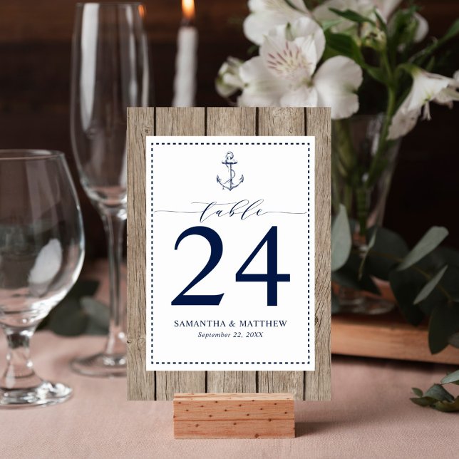Nautisk marin blå ankchor Rustic Wood Bröllop Bordsnummer (Rustic wood nautical anchor design table number card is perfect for your wedding reception.)