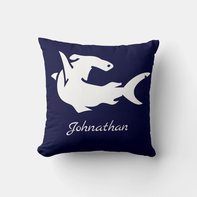 Nautisk marin blå Hammerhead Shark Namn Kudde (Framsida)