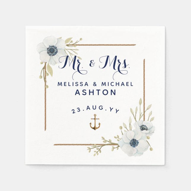 Nautisk marin blå och vit emonfiskad Bröllop Pappersservett (Framsidan)