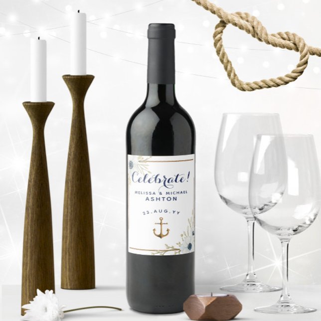 Nautisk marin blå och vit örnbottnad Bröllop Vinflaska Etikett (Personalized Nautical Wedding Wine Labels with White Watercolor Anemone and Anchor)
