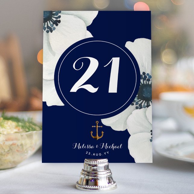 Nautisk marin blå och vit överlappande Anemones Bordsnummer (Nautical Event Table Numbers / Wedding Table Numbers | Navy and White with White Anemones)
