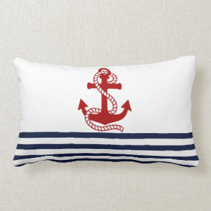 Nautisk marin blå Rand och röd ankare Lumbarkudde
