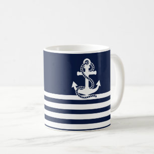 Nautisk marin blå Rand och vit ankare Kaffemugg