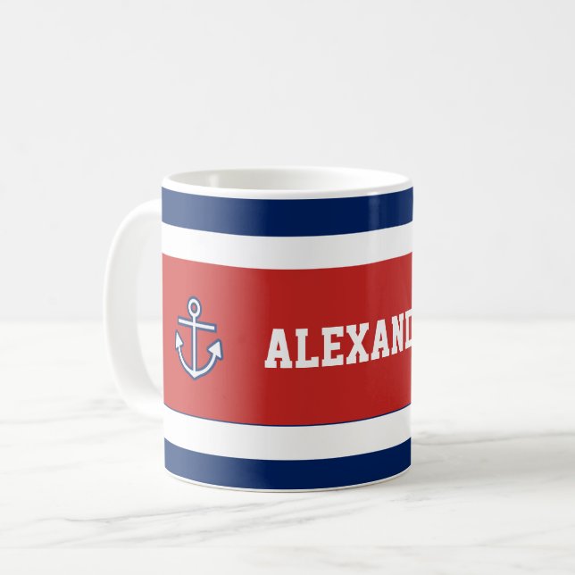 Nautisk marin marinblå vit Rand Kaffemugg (Framsida vänster)