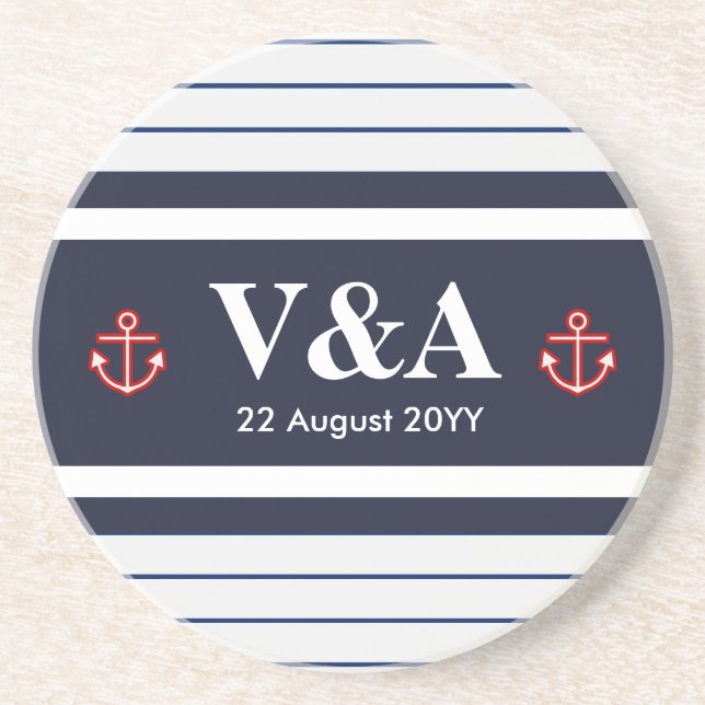 Nautisk marin marinblå vit Rand Underlägg Sandsten (Framsidan)
