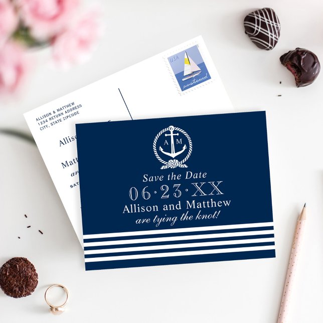 Nautisk marin monogram Spara datumet Meddelande Vykort (Skapare uppladdad)