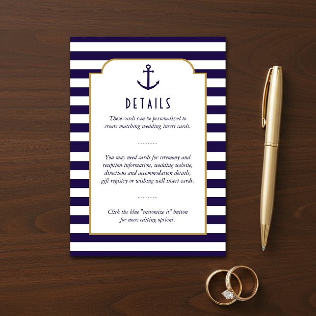 Nautisk marin och vit rand ankare bröllopsdetalj tilläggskort (Skapare uppladdad)