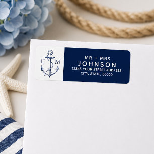 Nautisk marin skiss ankare vit monogram returadress etikett