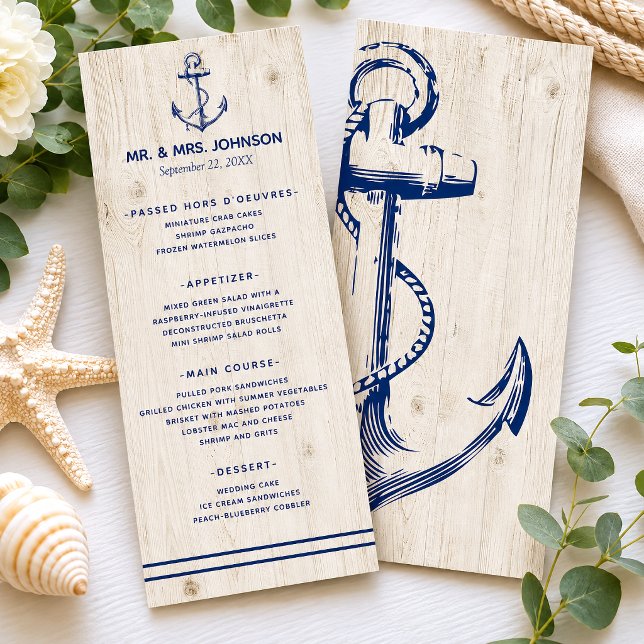 Nautisk marinankare hav rustik trä bröllop meny (Continue your wedding theme with these nautical anchor programs that will complement your wedding.)