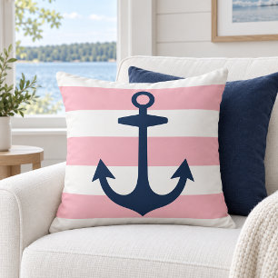Nautisk marinankare rosa vit rand kudde