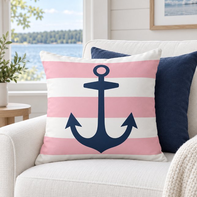 Nautisk marinankare rosa vit rand kudde (Skapare uppladdad)