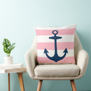 Nautisk marinankare rosa vit rand kudde