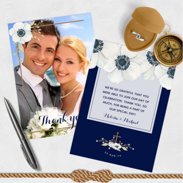 Nautisk marinblå Anemone Bröllop Photo Tack Kort (Nautical Navy Blue Anemone Wedding Photo Thank You 📷
)