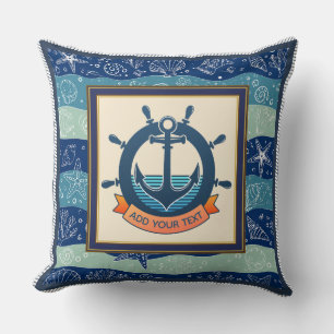 Nautisk marinblå ankar- och skeppsrattsymbol kudde