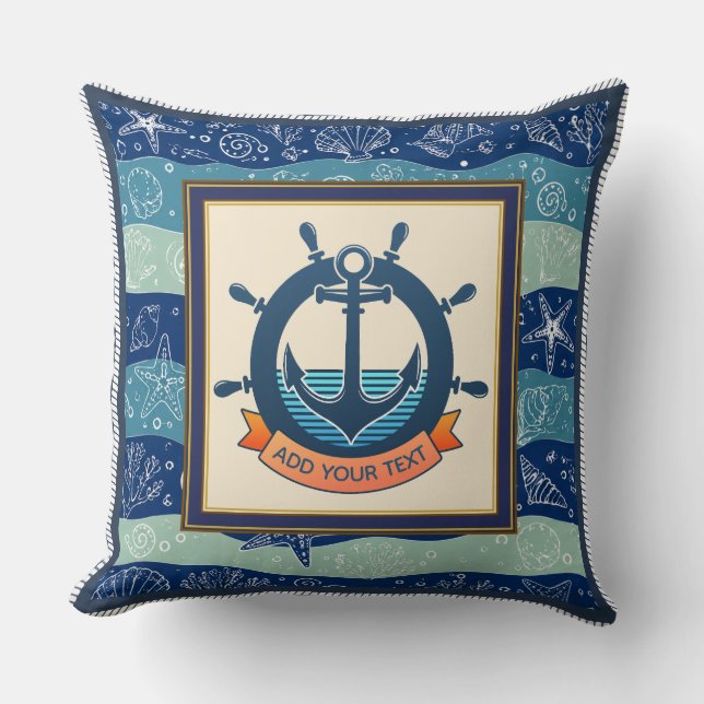 Nautisk marinblå ankar- och skeppsrattsymbol kudde (Framsida)