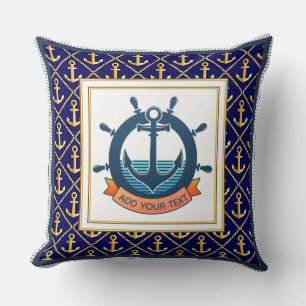 Nautisk marinblå ankar- och skeppsrattsymbol kudde