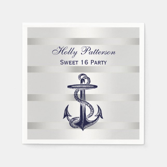 Nautisk Marinblå Ankar Silver Vikt BG V Sweet 16 Pappersservett (Framsidan)