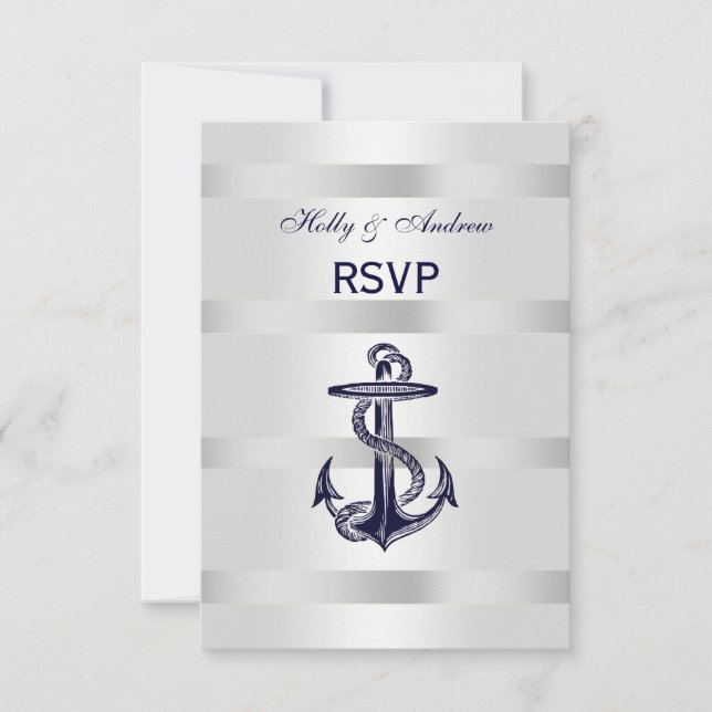 Nautisk Marinblå Ankar Silver Vit V RSVP Meny (Framsida)