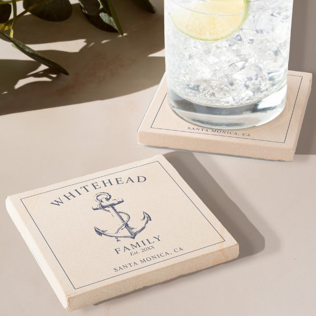 Nautisk marinblå ankare familj stenunderlägg (Elevate your dining experience with our monogram Stone Coaster with nautical anchor design )