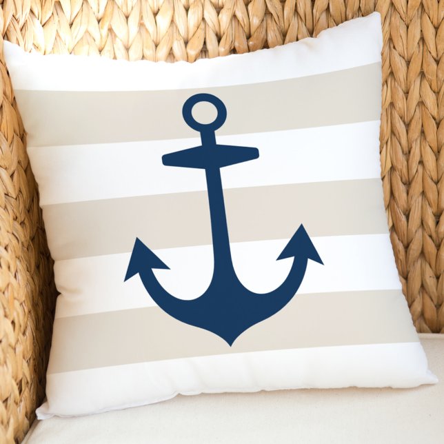 Nautisk marinblå ankare med beige ränder kudde (Skapare uppladdad)