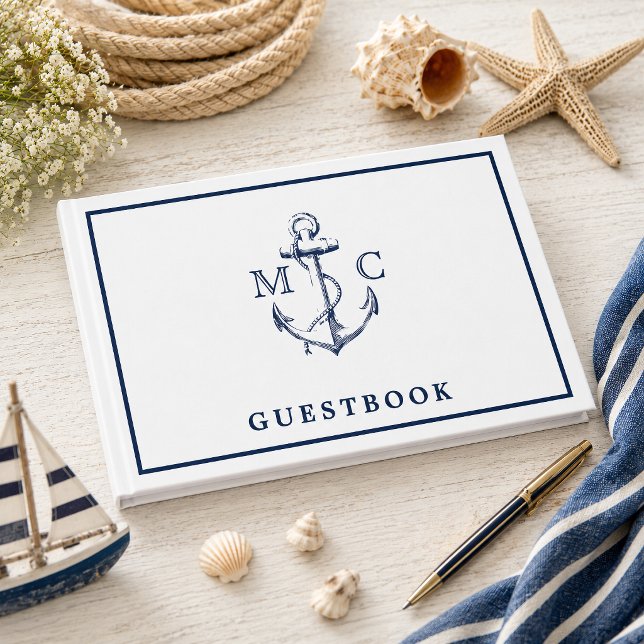 Nautisk Marinblå Ankare Monogram Bröllop Gästböcker (Add a nautical designed guestbook to your beach or seaside wedding. )