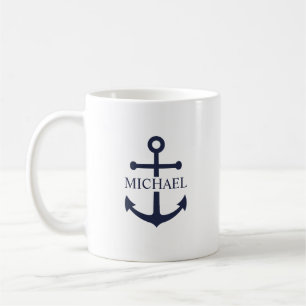 Nautisk marinblå ankare personligt namn kaffemugg